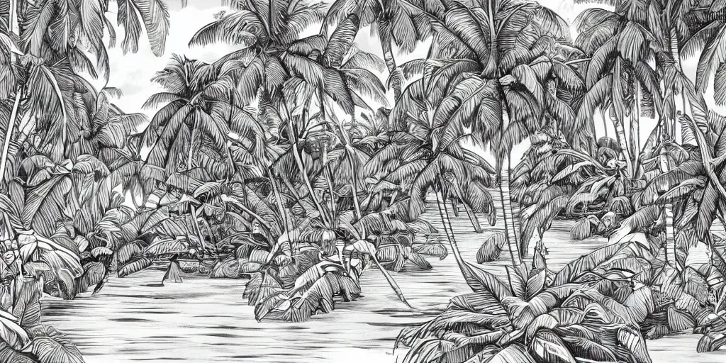 Prompt: tropical island, 8 k, high resolution, detailed charcoal drawing, beautiful hd, art nouveau, concept art, colourful artwork, in the style of konrad cramer