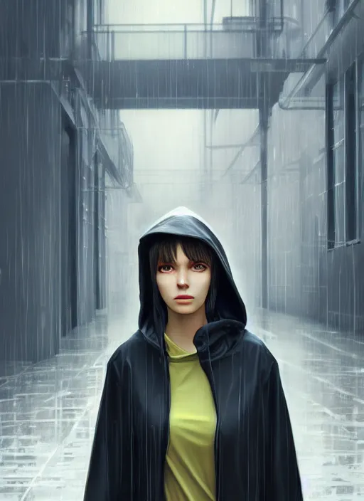 Image similar to a realistic portrait of a beautiful woman wearing a futuristic transparent raincoat with hoodie in a dystopian city, raining, by ilya kuvshinov