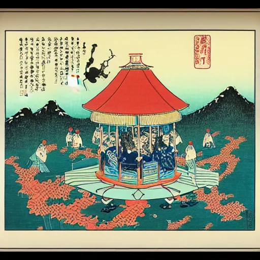 Image similar to “A carousel in the style of a woodblock print by the Japanese ukiyo-e artist Hokusai, by James jean, by yukio shimizu”