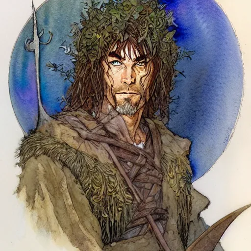 Image similar to a realistic and atmospheric watercolour fantasy character concept art portrait of ian mc kellen as a druidic warrior wizard looking at the camera with an intelligent gaze by rebecca guay, michael kaluta, charles vess and jean moebius giraud