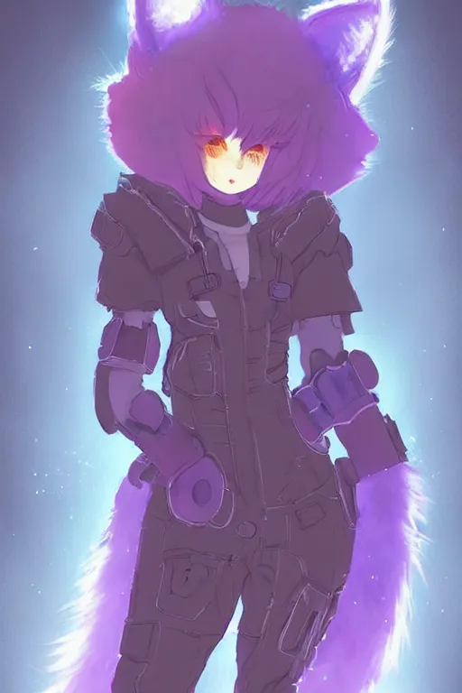 Image similar to a cyberpunk anthropomorphic fox with a fluffy tail!!!, manga art, trending on furaffinity, cartoon, kawaii, backlighting, by kawacy, chibi, pastel