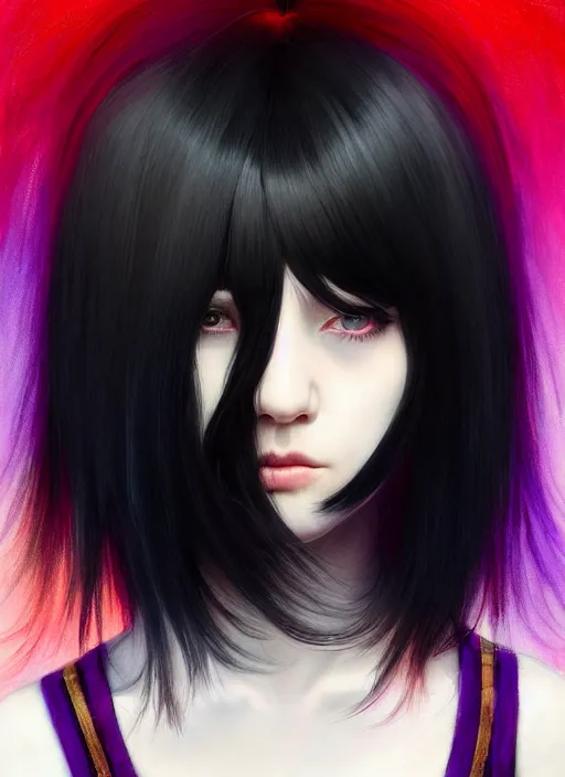 Prompt: hair blackbangs hair, white hair, blackbangswhitehair, portrait of teenage girl with black bangs, red irises, purple clothes, black bangs, bangs are white hair is black, intricate, elegant, glowing lights, highly detailed, digital painting, artstation, concept art, sharp focus, illustration, art by wlop, mars ravelo and greg rutkowski