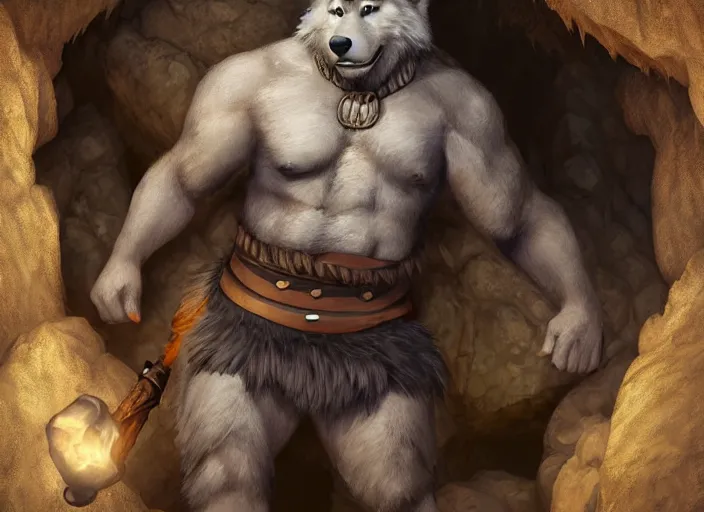 Image similar to burly tough character feature portrait of the anthro male anthropomorphic wolf fursona animal person wearing tribal primitive caveman loincloth outfit belt standing in the entrance to the cave, center framed character design stylized by charlie bowater, ross tran, artgerm, makoto shinkai, detailed, soft lighting, rendered in octane