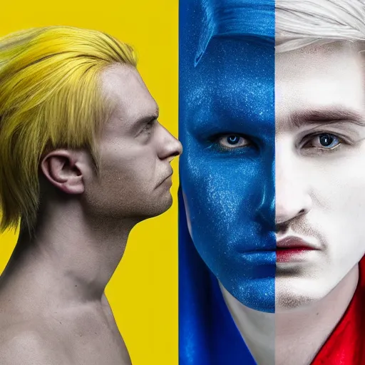 Prompt: portrait of a blonde masculine man two sides hair and thin face lines, his cape is the american flag, he is angry, his costume is blue with yellow eagles head on the shoulders, 8 k, hyper realistic, movie imax shot, film, cinematography, red