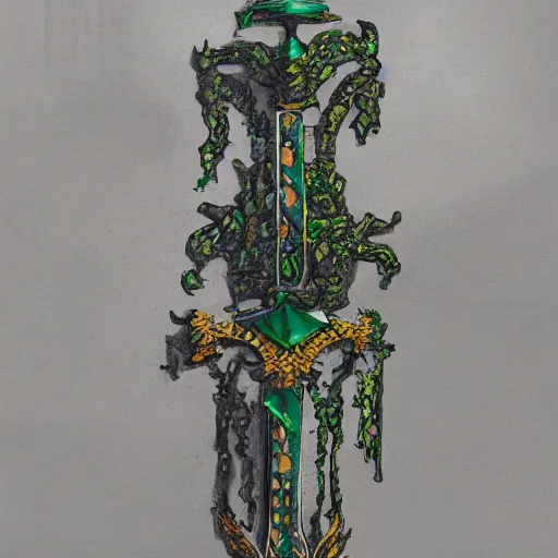 Image similar to Oil painting concept art of a magical acid sword glowing bright green, very intricate hilt, green color scheme, highly detailed concept art.