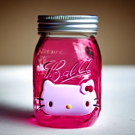 Image similar to hello kitty doll in a mason jar, 4 k, hyper realistic, dslr, high resolution, landscape, beautiful