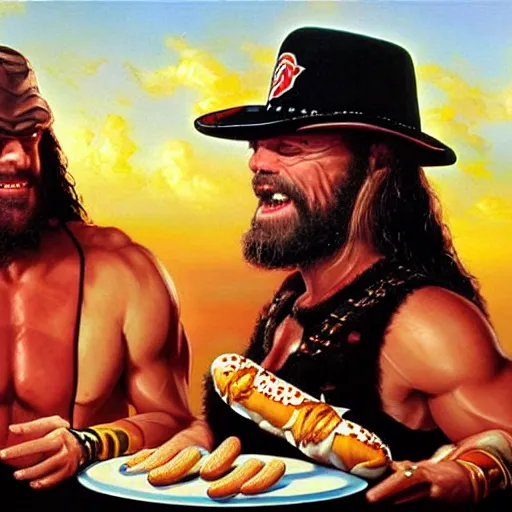 Image similar to portrait of wwf macho man randy savage and wcw sting sharing hotdogs, an oil painting by ross tran and thomas kincade