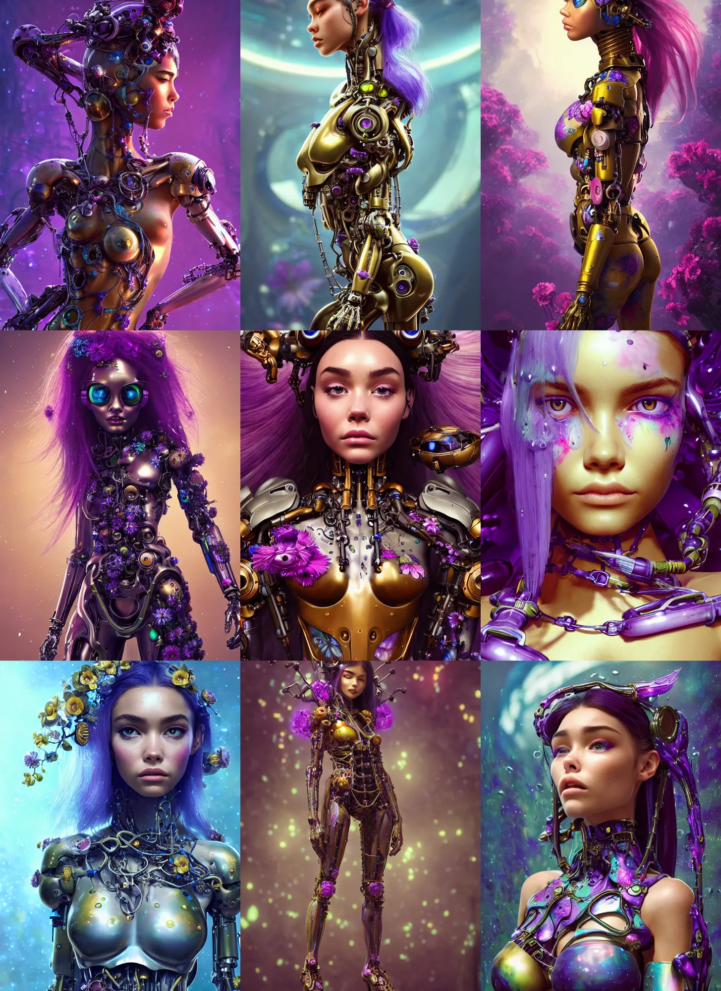 Prompt: polished wet galactic chained floral cyborg : : madison beer : : weta disney pixar movie still photo : : hi - fructose, sci fi, fantasy, decadent highly - detailed digital painting, golden ratio, octane render, artstation, smooth, sharp focus, artgerm, mucha, loish, wlop : :