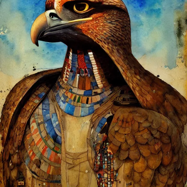 Prompt: expresionistic watercolor of Horus the falcon headed egyptian god, by Enki Bilal, by Gustav Klimt, by Greg Rutkowski, by Peter Mohrbacher, graffiti paint, vintage, splatters, scratches, trending on artstation