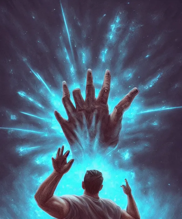 Prompt: a giant hand emerging from a portal in the sky, epic scale, in the art style of robbie trovino, artstation, instagram, sharp focus, digital illustration, crisp 8 k lineart, surrealism