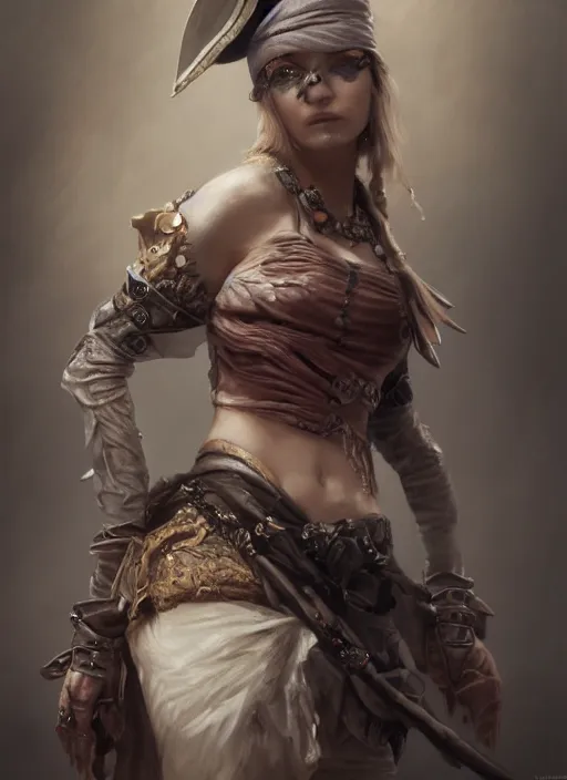 Prompt: detailed full body concept art dull oil painting of a pirate female, beautiful face, realistic hands, elegant pose, fantasy, illustration, insanely detailed and intricate clothing, octane render, 4k