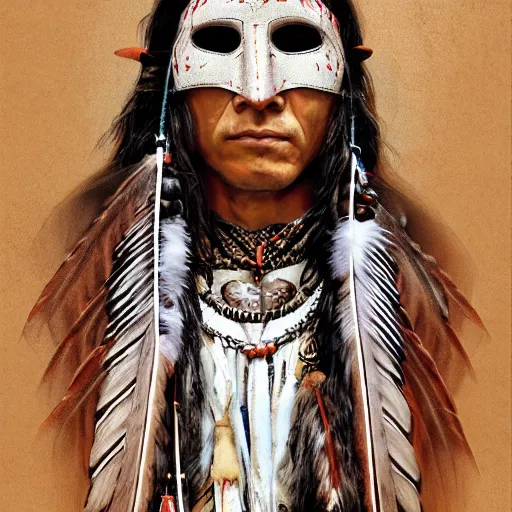 Image similar to a native american shaman with an a shaman mask, wearing an eagle feather outfit, shaman, apache, dakota, cherokee, navajo, lumbee, puebloans, by alex gray and android jones, karol bak, ilya golitsyn, ayami kojima, amano, black panther, moebius, concept art, character design, fantasy, 3 d, 8 k resolution