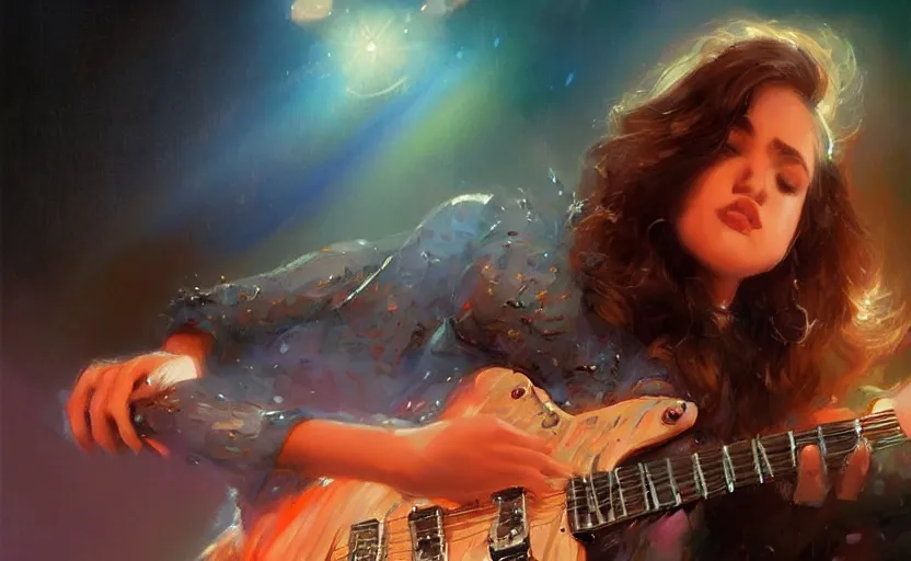 Image similar to rockstar girl playing electric guitar on stage. by edward robert hughes, by konstantin razumov, by william - adolphe bouguerea, by artgerm, pixar, artstation trending, concept art, digital art, digital painting, dramatic lighting, sharp focus, highly detailed, vxf movie, cinematic