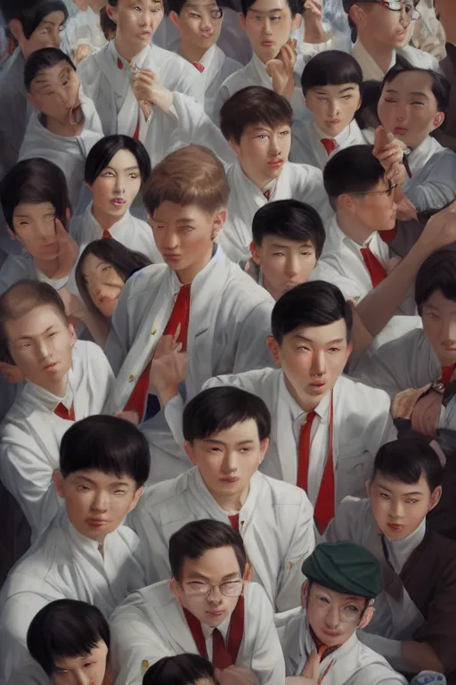 Image similar to low angle shot, wide lens of group of young asian student with white uniform looking at the camera, octane render, photorealism, masterpiece painted by jc leyendecker, 8 k, high detail, fantasy art, dnd, artstation,