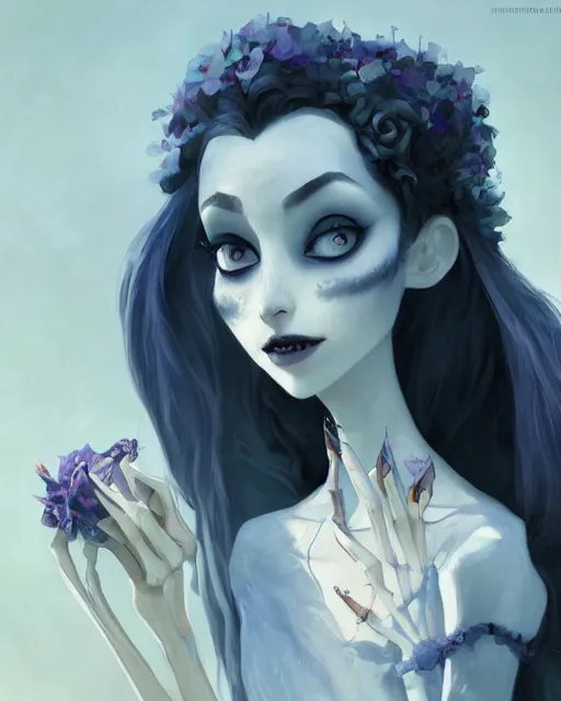 Image similar to elegant mysterious gracious undead victoria everglot from the corpse bride, portrait, illustration, the land of the death, skeletal hand, rim light, top light, summer clear blue sky, perfectly shaded, soft painting, art by krenz cushart and wenjun lin