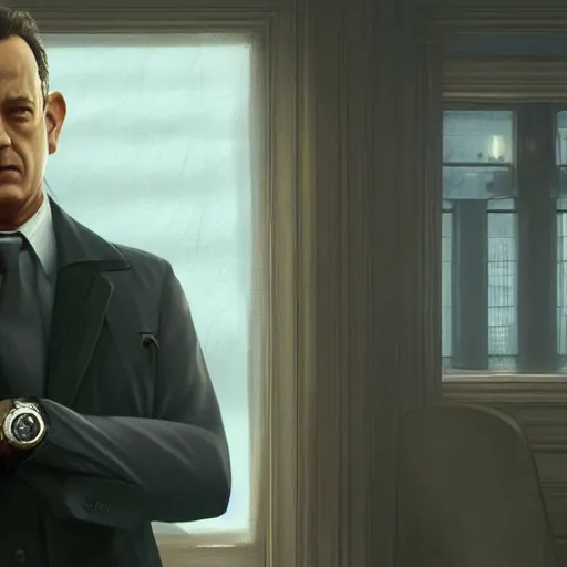 Image similar to a highly detailed matte portrait of tom hanks as a sam fischer, spy novel by tom clancy, unreal engine, volumetric lighting, exquisite detail, 8 k, art by greg rutkowski and alphonse mucha