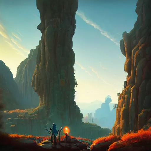 Prompt: fantasy wizard and fantasy warrior looking across rock chasm in the morning sun by Simon Stalenhag