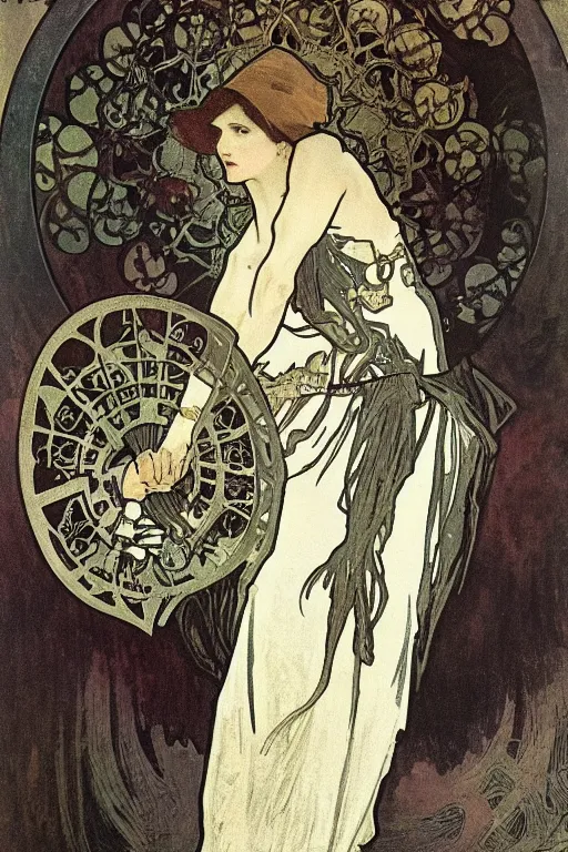 Image similar to portrait of a witch hunter by Alphonse Mucha