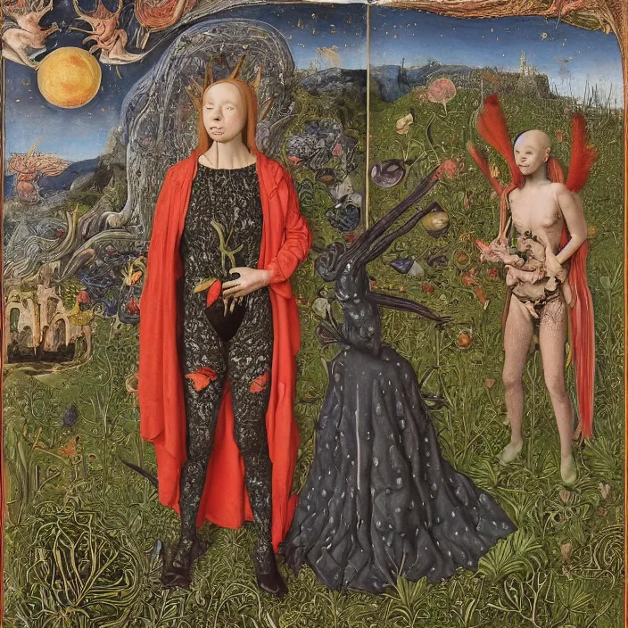 Image similar to a wide landscape with a tattood alien girl with fish scales and feathers changing into a plant while the stars shine above like flower by jan van eyck, ernst fuchs, nicholas kalmakoff, joep hommerson, character, full body, catsuit, max ernst, hans holbein, lace