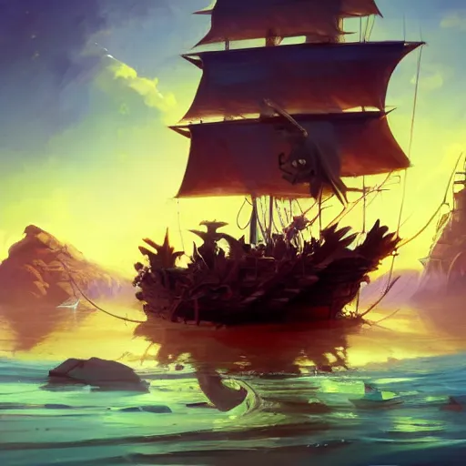 Prompt: a large pirate ship floating on top of a body of water, pirates flag, cgsociety, fantasy art, 2 d game art, concept art, heavenly lighting, retrowave, behance hd, concept art by jesper ejsing, by rhads, makoto shinkai cyril rolando, madgwick, cory loftis