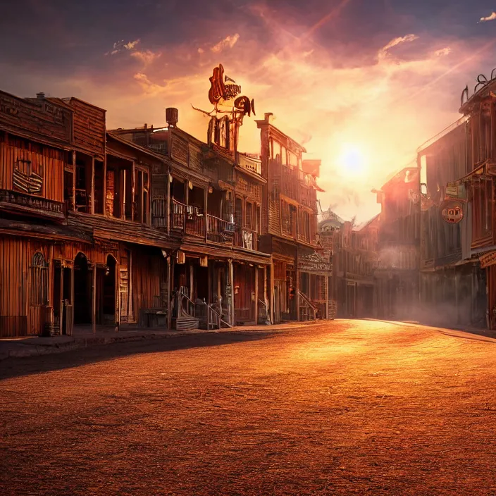 Prompt: a sunset light historical wild west empty street, duel between two cowboys, lots of sparkling details and sun ray's, blinding backlight, smoke, volumetric lighting, colorful, octane, 3 5 mm, saloon exterior, empty old town street, beautiful epic colored reflections, very colorful heavenly, softlight