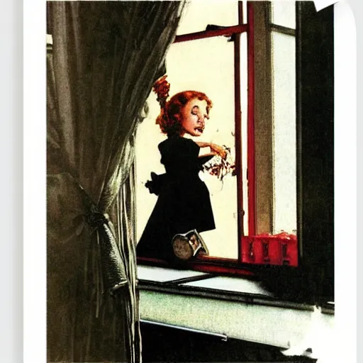 Prompt: vampire looking out her window from her apartment, by norman rockwell