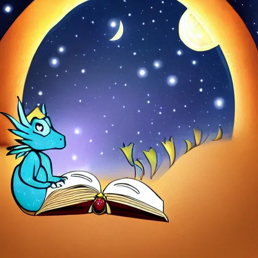 Prompt: cute dragon reading a book under the stars, detailed, digital art