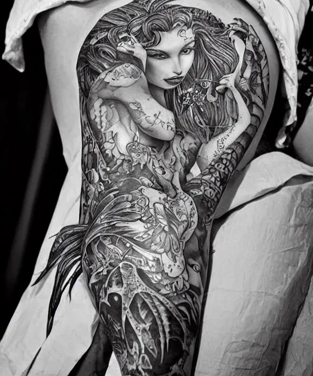 Image similar to black and white tattoo, beautiful mermaid, full body