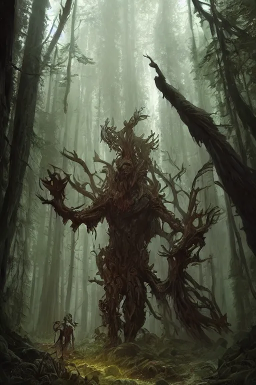 Prompt: giant woodland revenant looms over a tiny human, high fantasy, horror, dnd, highly detailed, smooth, sharp focus, chiaroscuro, digital painting, artgerm and greg rutkowski and alphonse mucha