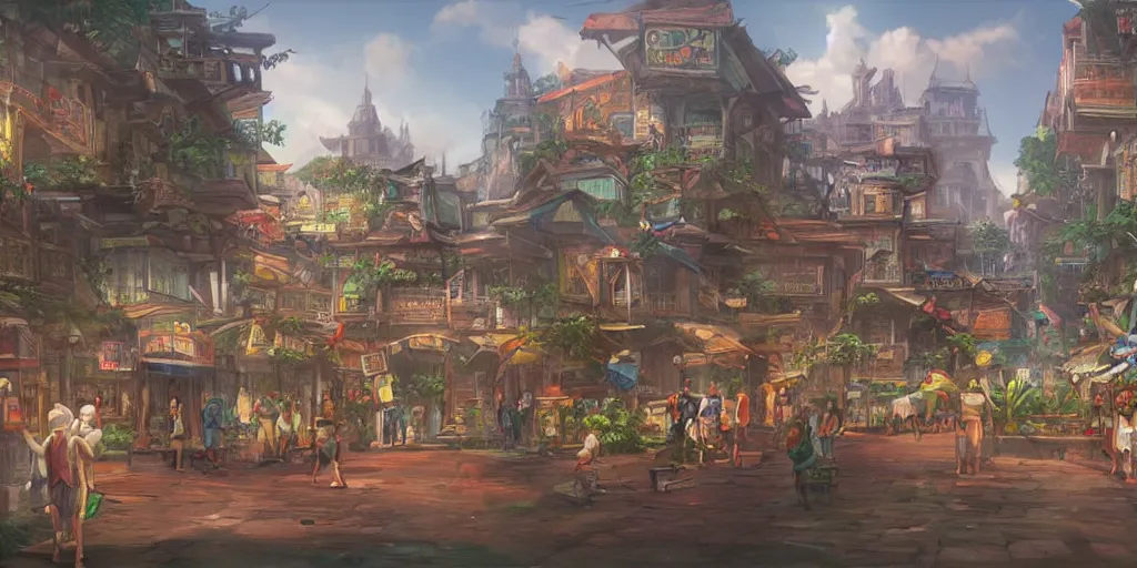 Image similar to Bustling pre-colonial Philippine city, concept art by Tyler Edlin