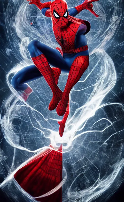 Image similar to spiderman as doctor strange, using his mystic arts, dynamic lighting, photorealistic fantasy concept art, trending on art station, stunning visuals, creative, cinematic, ultra detailed