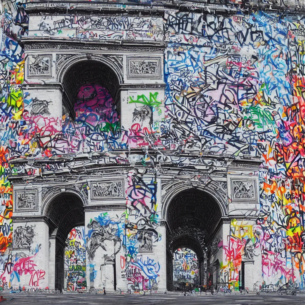 Image similar to photorealistic, arc de triomphe full of graffiti