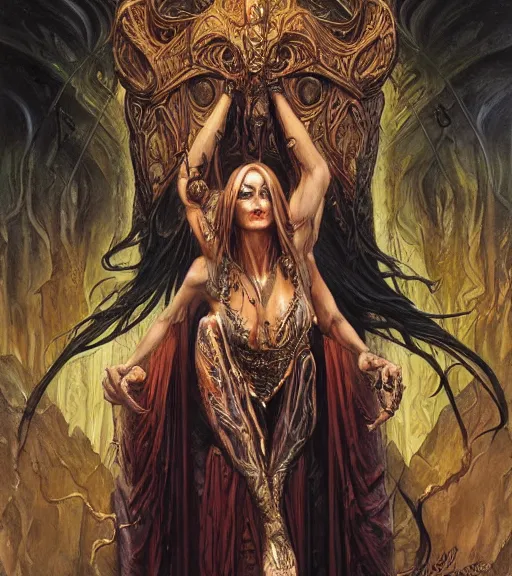 Image similar to a detailed painting of famale fantasy demon priestess, art by karol bak and mark brooks and donato giancola, centered, aesthetically pleasing