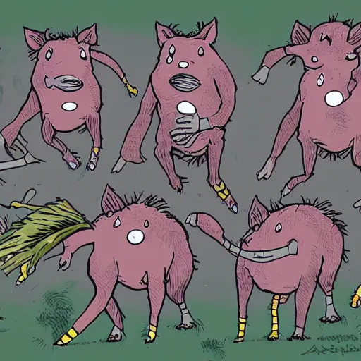 Image similar to digital cartoon illustration of a group of feral hogs by alex pardee, cartoon art, creative design