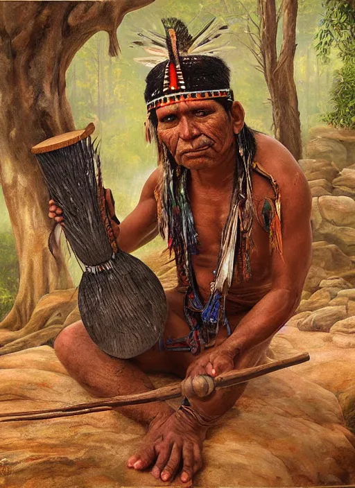 Image similar to a realistic painting of indigenous man playing shamanic drum, highly detailed, matte painting, fantasy art