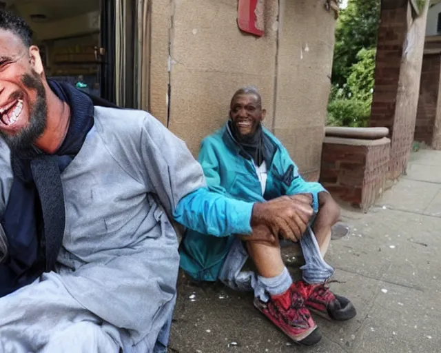 Image similar to a handsome homeless man with a colgate smile is in joy after winning the lottery.