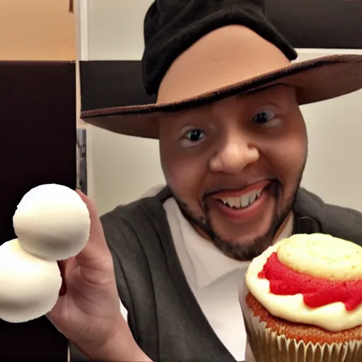 Image similar to photorealistic sculpture of edp the youtube holding a cupcake,