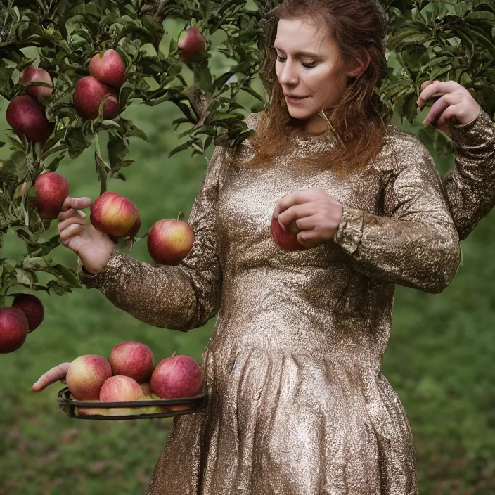 Image similar to a closeup portrait of a woman wearing a metal plate dress made of iron and copper, picking apples from a tree in an orchard, foggy, moody, photograph, by vincent desiderio, canon eos c 3 0 0, ƒ 1. 8, 3 5 mm, 8 k, medium - format print