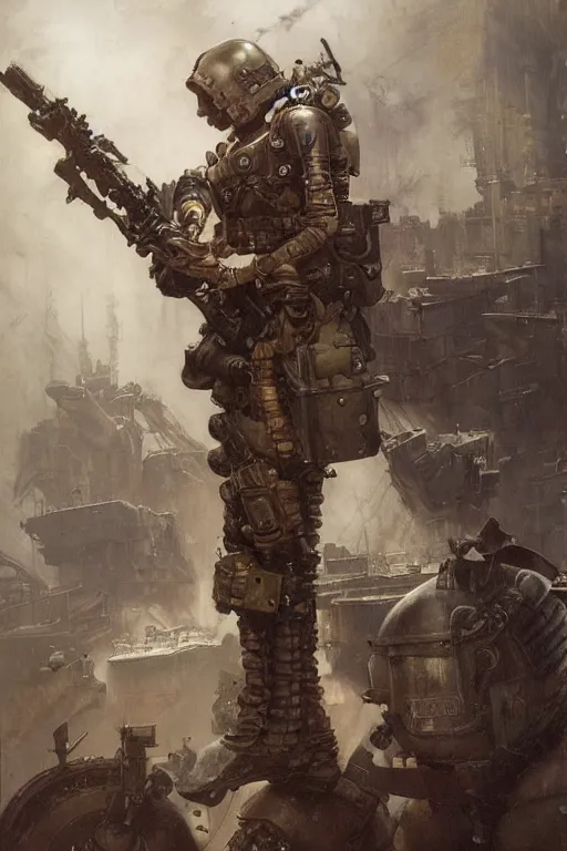 Image similar to dieselpunk military character concept art, painted by ruan jia, raymond swanland, lawrence alma tadema, zdzislaw beksinski, norman rockwell, jack kirby, tom lovell, alex malveda, greg staples