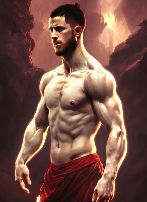 Image similar to portrait of aggressive eden hazard, d & d, muscular! white, fire, fantasy, intricate, elegant, highly detailed, digital painting, artstation, concept art, smooth, sharp focus, illustration, art by artgerm and greg rutkowski and alphonse mucha