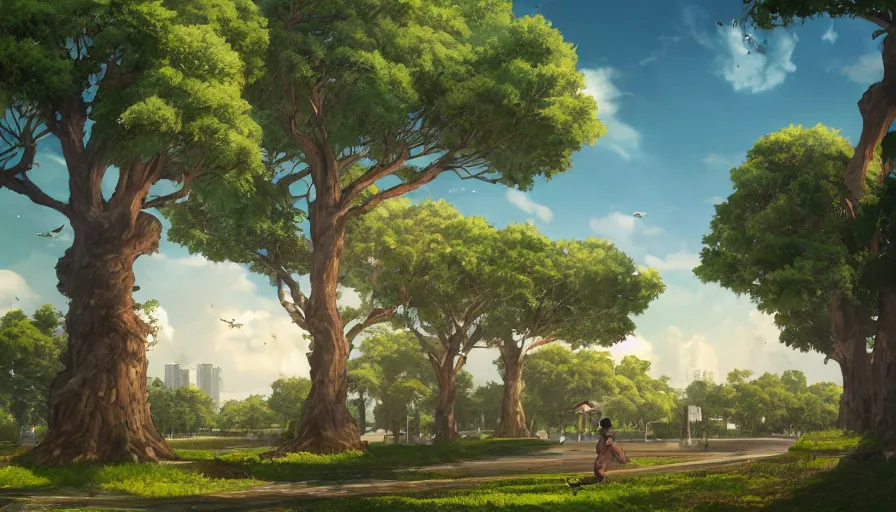 Prompt: bonifacio global city skycrapers, beautiful ancient trees, serene evening atmosphere, soft lens, soft light, cel - shading, animation, in the style of cgsociety, deviantart, artstation, zbrush, cinema 4 d, studio ghibli, akihiko yoshida, atelier lulua, masamune shirow