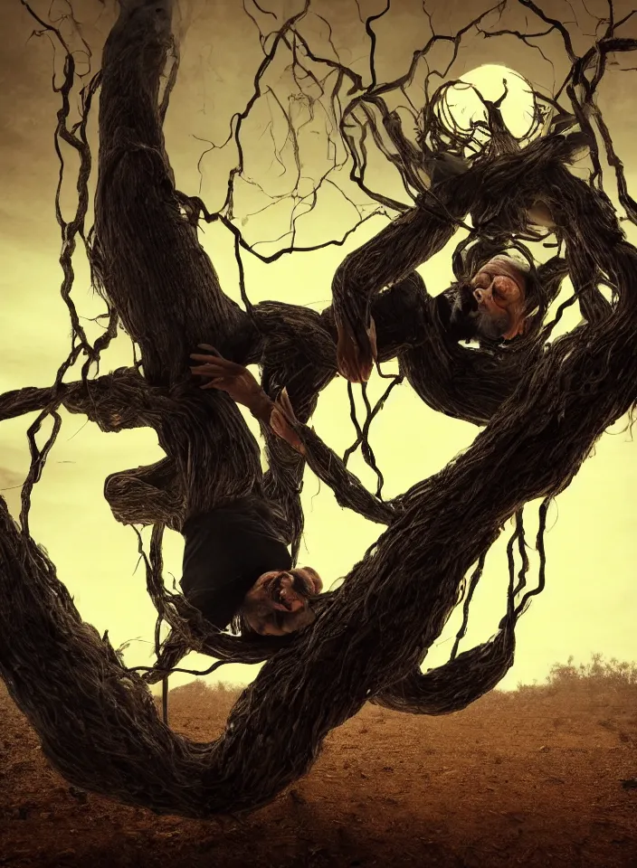 Prompt: full body shot of old asian man with long beard, hanging from a tree, his head hanging upside down, covered in roots, bright multiple glowing eyes, reflections, holding a occult carved wooden dark fractal stick, hanging upside down, head upside down, thick smoke around him, in the burning desert, cinematic shot, wide angle, dark desert background, volumetric lighting by Denis Villeneuve, Lubezki, Gaspar Noe, Christopher Doyle and Alejandro Jodorowsky, anamorphic lens, anamorphic lens flares, kodakchrome, cinematic composition, practical effects, award winning photo, 8k