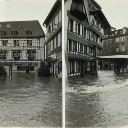 Prompt: stereoscopic image of a small german town being flooded