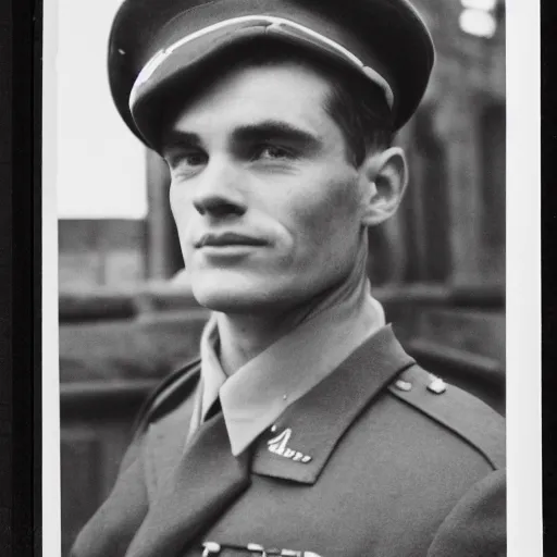 Prompt: cillian murpht in a world war ii uniform, black and white film photography, cabinet card, 2 5 mm lens, cinematography by roger deakins