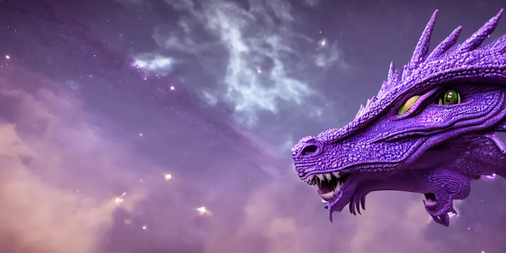 Image similar to highly detailed a purple dragon wearing a crown flies through space, 4 k, photorealistic, unreal 5