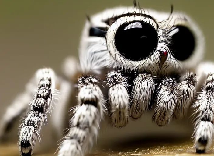 Image similar to jumping spider mixed with owl, highly detailed, macro lens,