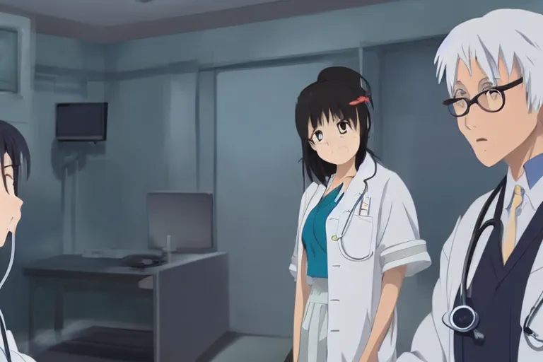 Image similar to a cute young female doctor wearing white coat are talking with an old surgeon in a hospital, slice of life anime, lighting, anime scenery by Makoto shinkai