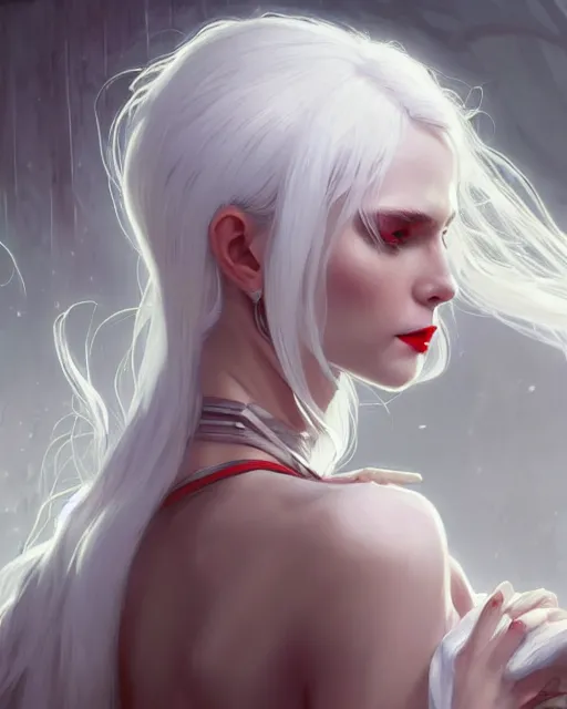 Image similar to tall girl, white hair, white dress, red lips, long hair, deep focus, d & d, fantasy, sophisticated, elegant, high detail, digital painting, artstation, concept art, matte, clear focus, illustration, hearthstone, works by artgerm, greg rutkowski and alphonse mucha