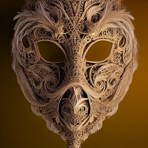 Prompt: an elaborate intricate mask made of feathers in swirling wind, rendered in octane, behance hd, bokeh backdrop