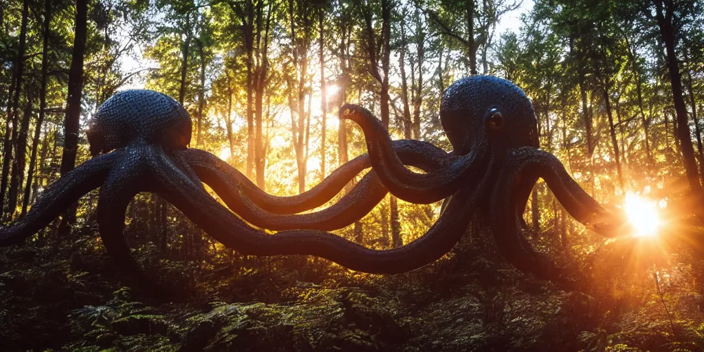 Prompt: a highly detailed giant black octopus god in the middle of a forest, beautiful ambient light, sun rays hitting the slightly transparent creature, golden hour, 8k photography